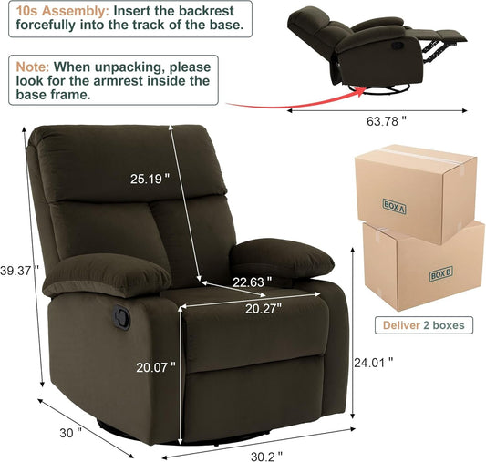 Swivel Rocker Recliner Adults, Rocking Small Recliner Chair for Small Spaces, Small Rocker Recliner Chair for Living Room, RV, Nursery, Bedroom, Dark Brown-1