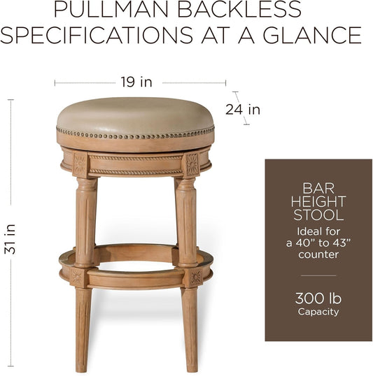 Pullman 31 Inch Tall Bar Height Upholstered Backless Barstool, Weathered Oak Finish with Avanti Brown Vegan Leather Cushion Seat, Set of 2-1
