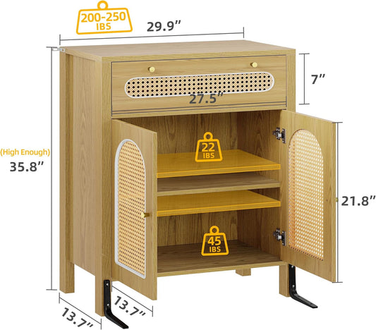 2 Pieces Sideboard Buffet - Kitchen Storage Cabinet with Rattan Doors/Dining Room/Hallway - Cupboard Console Table with Large Drawers - High Accent Cabinet 36" in Height-Natural-1