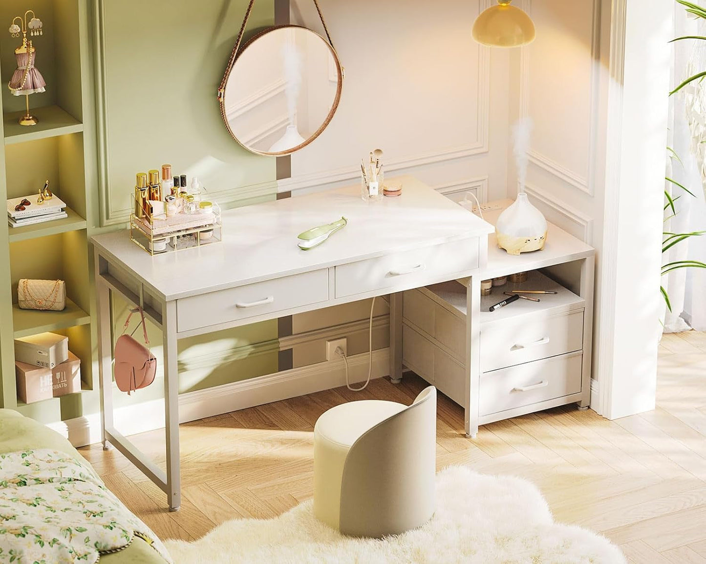 Computer Desk with 4 Drawers and USB Power Outlets, Reversible Home Office Desk with Printer Stand, Small Desk with Storage Shelf, Study Writing Work Table for Bedroom, Vanity Desk, White, 53"-3