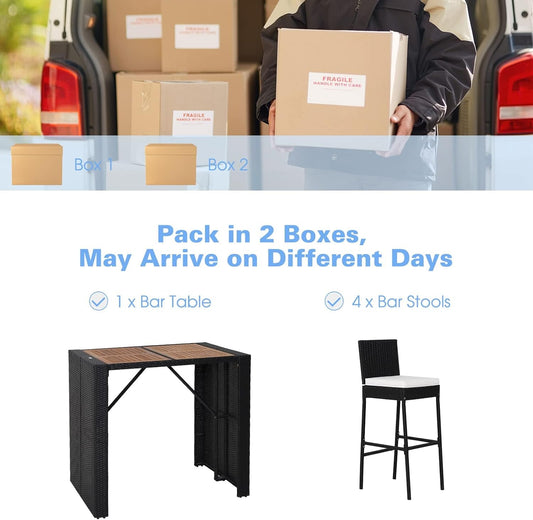 5 Piece Patio Wicker Bar Set, Patiojoy Outdoor Acacia Wood Bar Height Table & 4 Rattan Bar Stool Chairs with Backrest and Footrest, Outdoor Dining Bistro Set-1