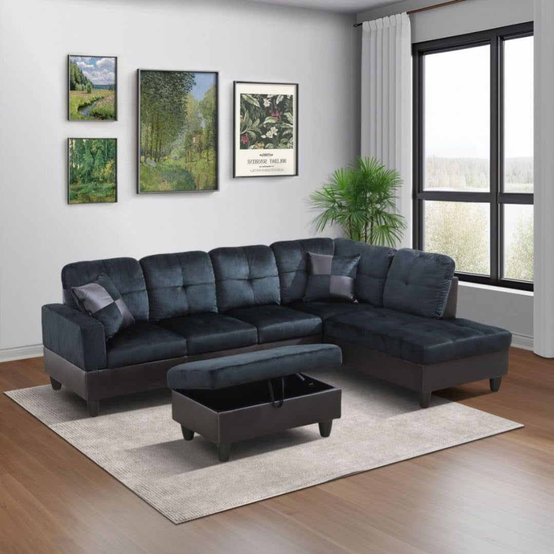 L-Shaped 3-Piece Lint and PVC Sofa with Storage Ottoman Set, Sectional Couch Sofa Set for Living Room, Office, Small Space, Dark Blue and Brown-1
