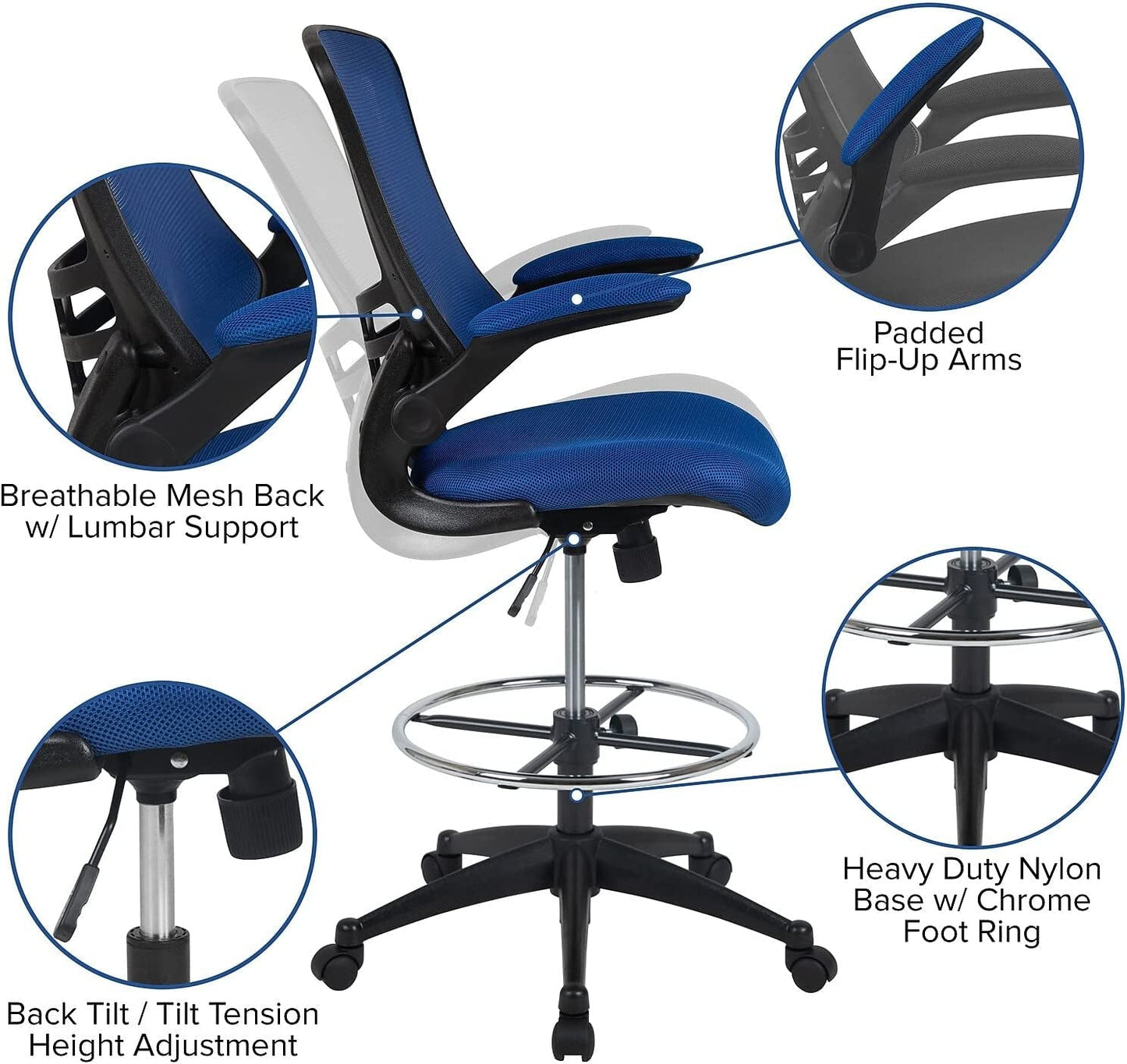 Blue Mesh Drafting Chair with Adjustable Footrest-3