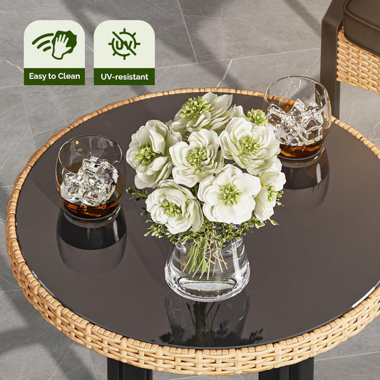 3-Piece Outdoor Wicker Bar Height Set with Cushioned Barstools, Patio Bistro Furniture for Balcony and Poolside, Black+Light Yellow-1