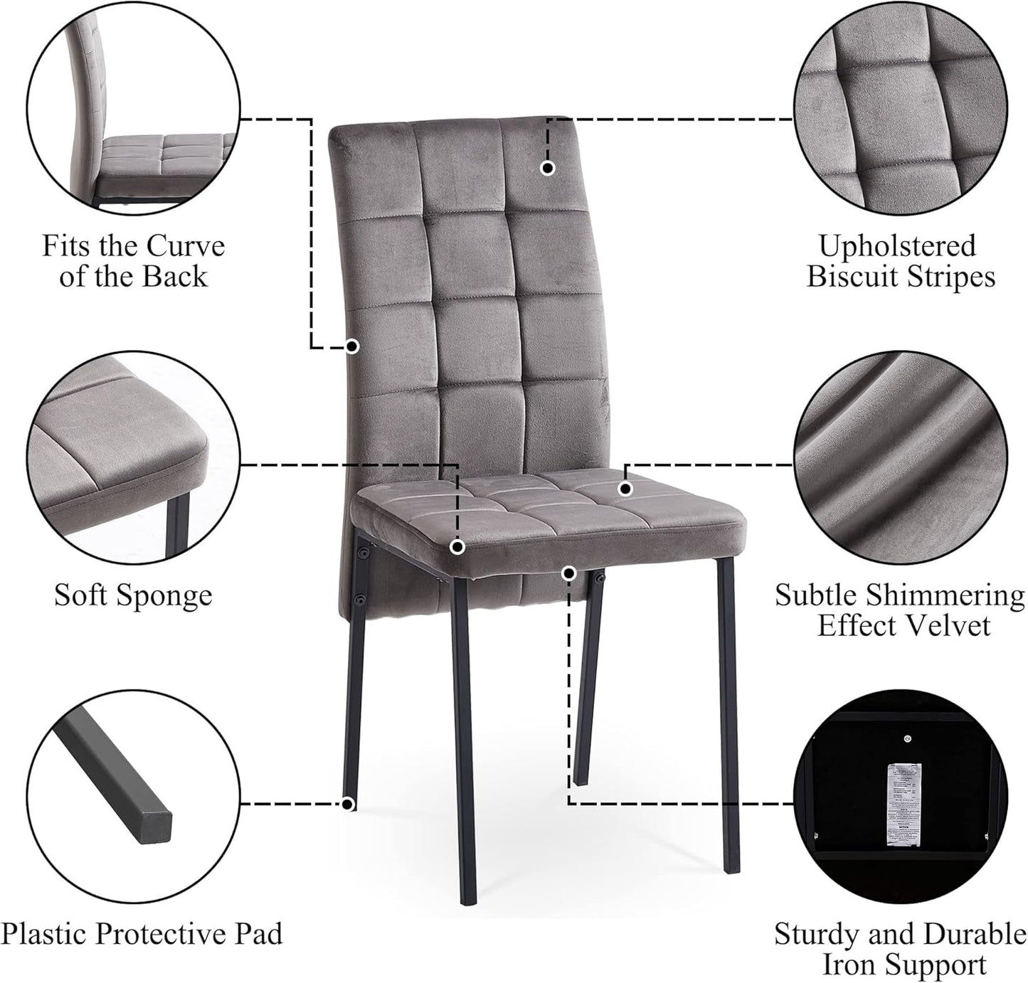 Upholstered Velvet Dining Chairs Classic Kitchen High Back Chairs Set of 4, Featured Dovetail Tufted Side Chairs, Black Metal Legs, Grey-1