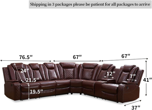 Living Room Set Brown L-Shaped Leather Sofa Living Room Furniture Set Power Recliner Adjustable Sofa, Loveseat, Chair with Cup Holder/Storage Console/Led Light/Ups Port for Office, Living Room-1