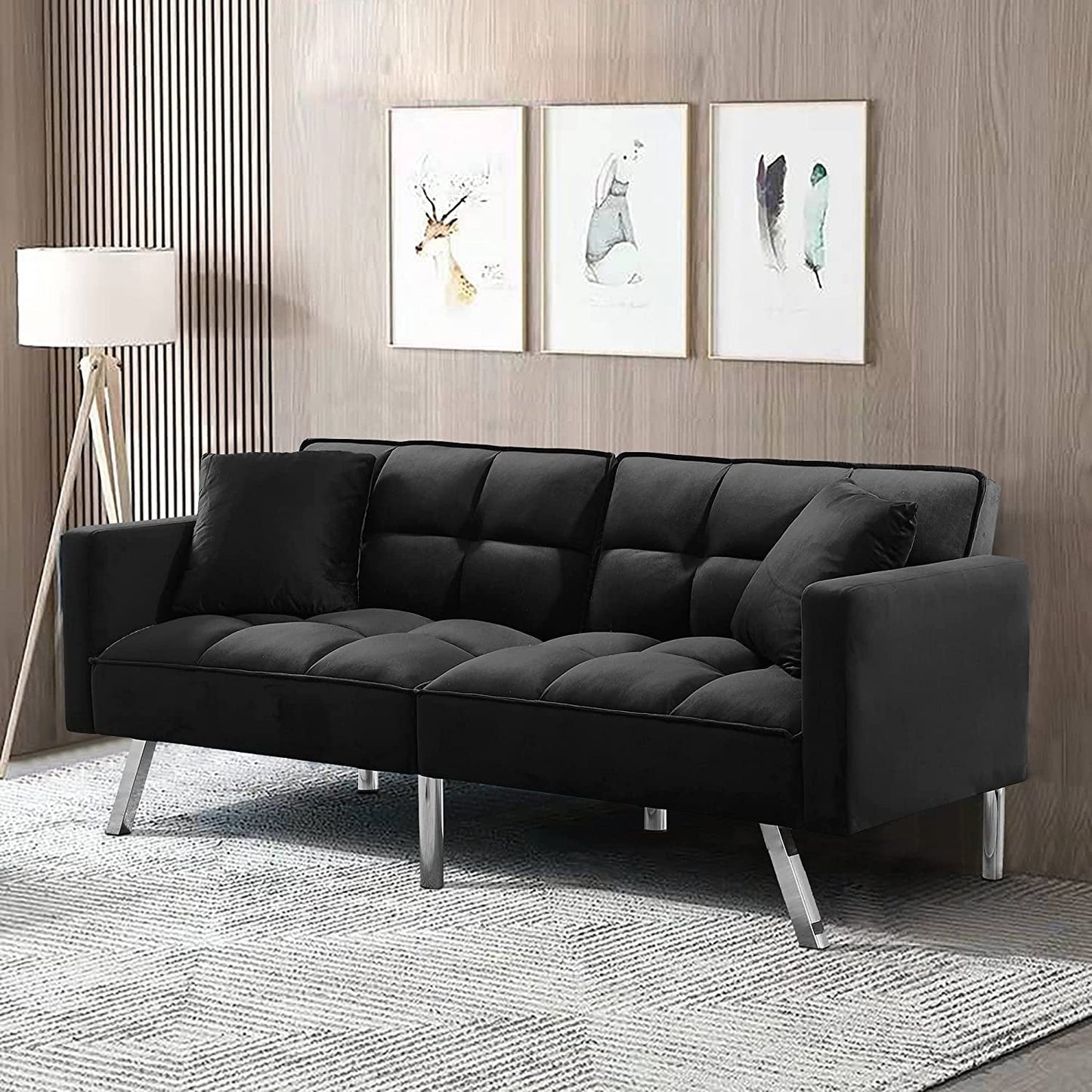 Convertible Velvet Futon Sofa Bed with Pillows-0