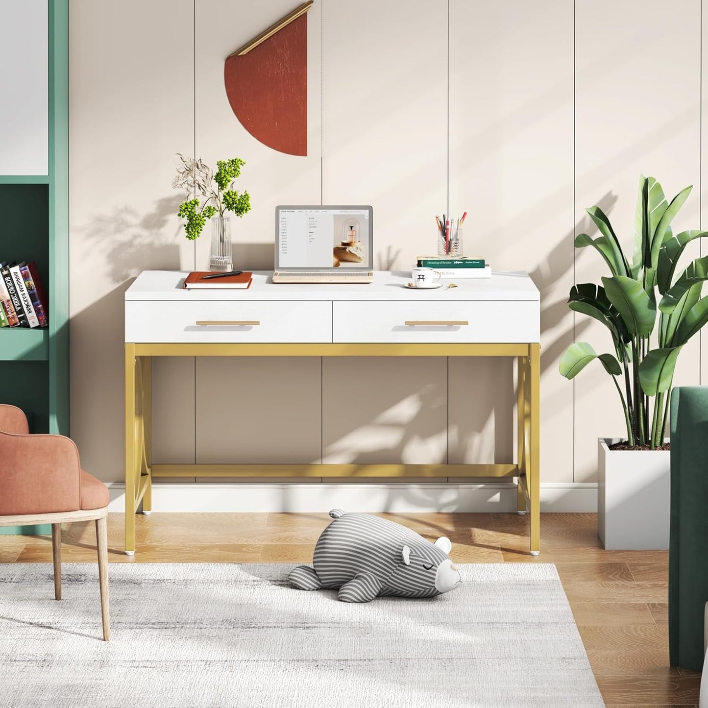 Modern Computer Desk with 2 Drawers, 41 Inches Study Writing Office Desk for Home Office, Bedroom, Makeup Vanity Table Desk with Gold Metal Frame, White & Gold-4