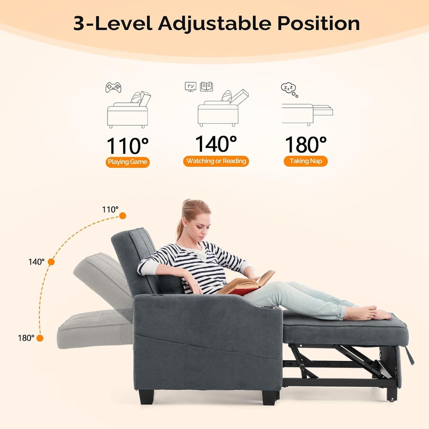 Sofa Bed Chair Recliner, 3-In-1 Convertible Sleeper Sofa Chair Bed Dark Gray Daybed Pull Out Couch Bed with Adjustable Backrest, USB Ports, Cup Holders for Small Spaces Living Room-3