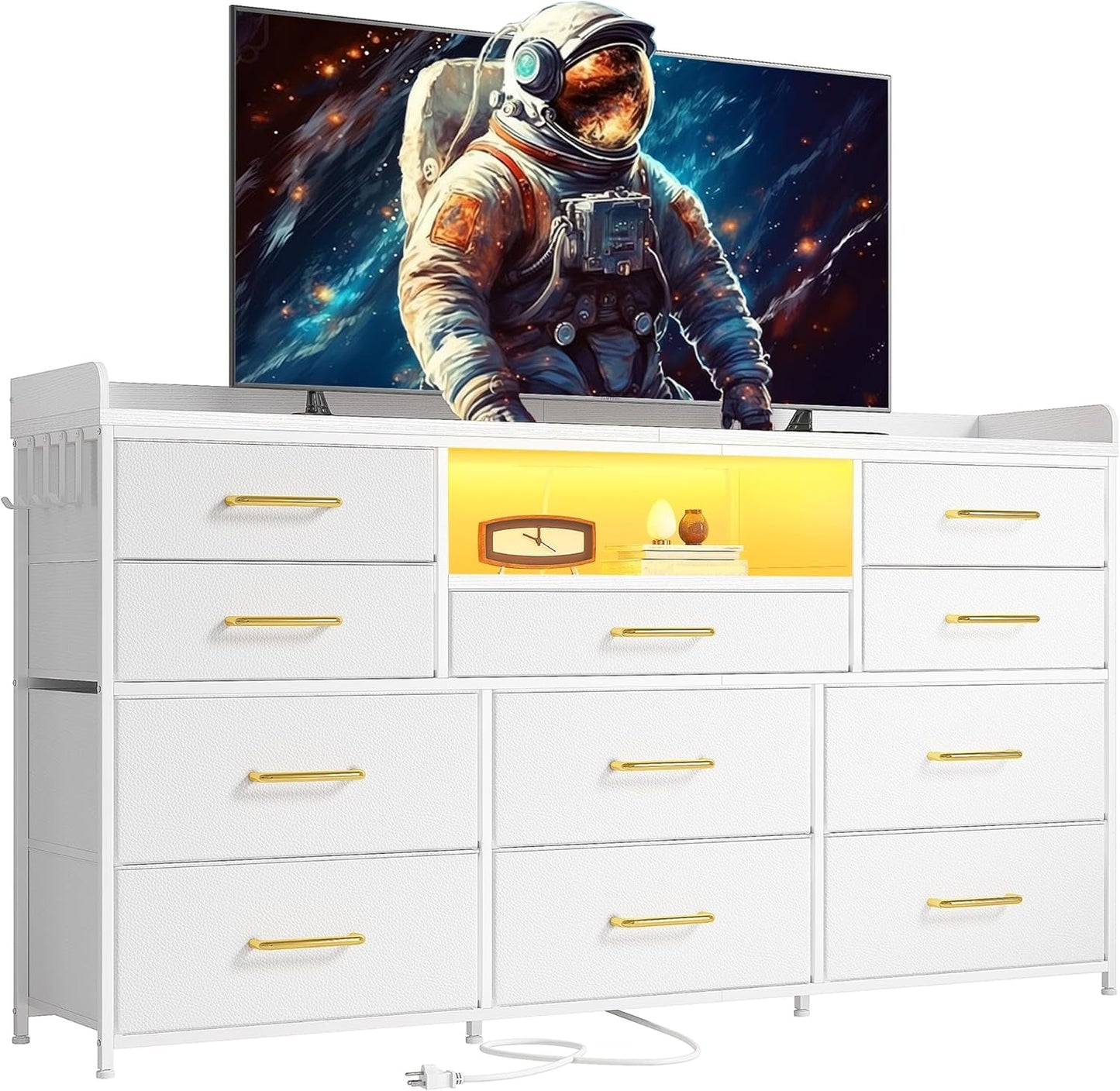Dresser TV Stand with 11 Drawers for 60" TV Stand for Bedroom with LED Lights & Power Outlets Long Dresser for Bedroom with Shelves & 4 Hooks Sturdy Metal Frame & Wood Top, White-0