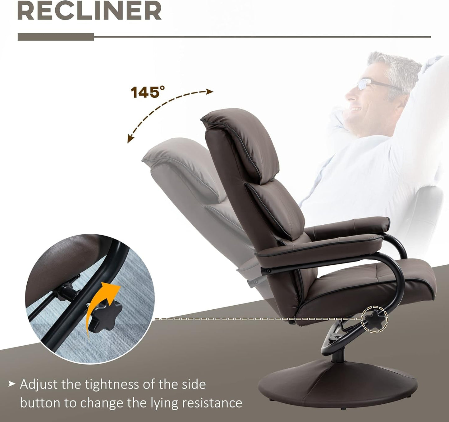 Recliner Chair with Ottoman, PU Leather Swivel High Back Armchair W/Footrest, 135° Adjustable Backrest and Thick Foam Padding, Brown-3