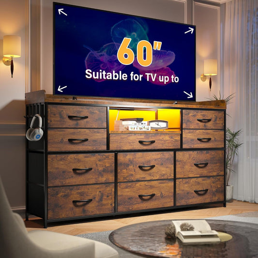 Dresser for Bedroom with 11 Drawers for 60" TV Stand for Bedroom with LED Lights & Charging Station Long Dresser with Shelves & 4 Hooks Sturdy Metal Frame & Fabric Drawers (Rustic Brown)-1