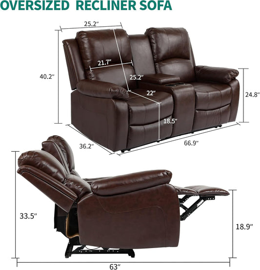 RV Loveseat Recliner, Manual Double Recliner, Love Seat Recliner Sofa with Storage Console, 2 Seater Home Theater Seating with Cup Holders and Side Pocket for Living Room, Office-1