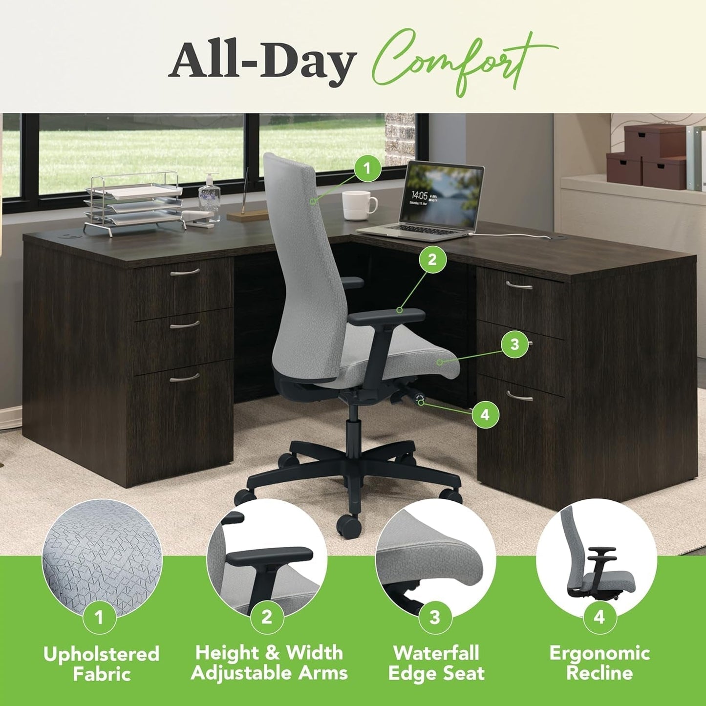 Ignition 2.0 Fabric Office Chair - Upholstered Desk Chair with Wheels and Arms Adjustable Office Chair - Synchro-Tilt Recline Executive Ergonomic Office Chair Computer, Home, Gaming - Grey-3