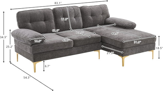 Sectional Sofa 83" L-Shape Sofa Couch 3-Seat Couch with Chaise Chenillefabric Upholstered for Living Room, Apartment, Office, Dark Gray-1