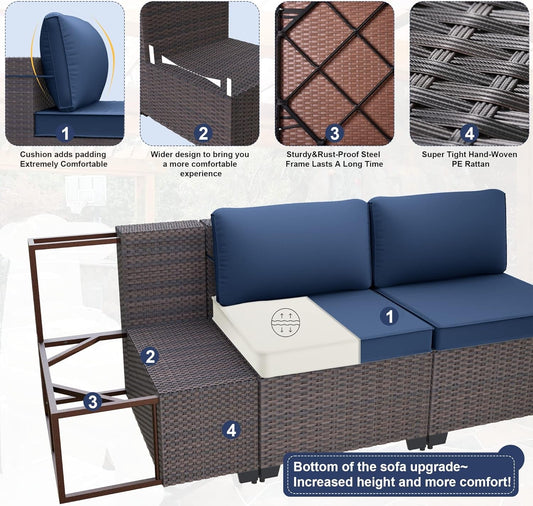 8 Pieces Patio Furniture Set, Rattan Wicker Outdoor Conversation Sets, Outdoor Furniture Sectional Sofa Set W/43In Propane Fire Pit Table and 4 Inch Cushion(Navy Blue)-1