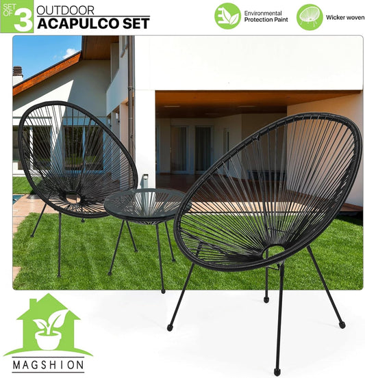 Outdoor Acapulco Chair Set 3-Piece with Glass Top Table, Lightweight All-Weather Woven PE Rope Patio Furniture, Modern Bistro Conversation Set for Patio, Garden, Poolside, Black-1