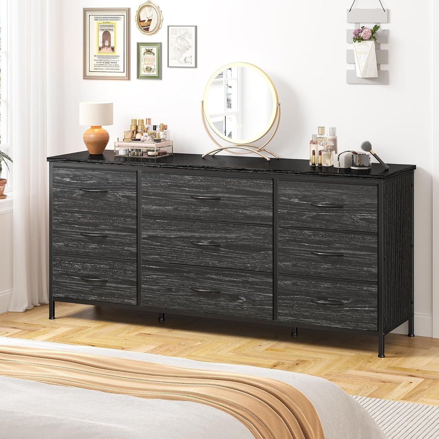 Dresser TV Stand with 9 Drawers for 60'' TV Stand for Bedroom Long Dresser for Bedroom Wide Dressers & Chests of Drawers, Sturdy Metal Frame & Wood Top, Living Room, Closet, Charcoal Black-4