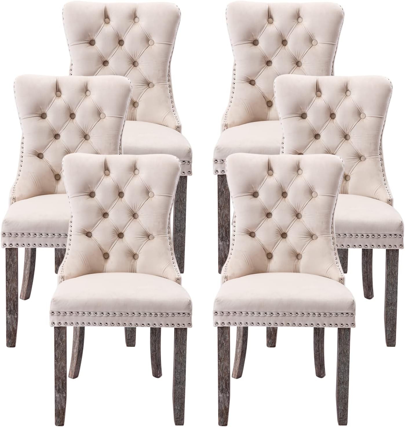 Beige Velvet Ring Pull Trimmed Dining Chairs Set of 6-0