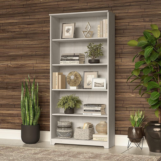 Bush Furniture Cabot Tall 5 Shelf Bookcase | Large Open Bookshelf in Linen White Oak | Sturdy Display Cabinet for Library, Living Room, and Home Office-1
