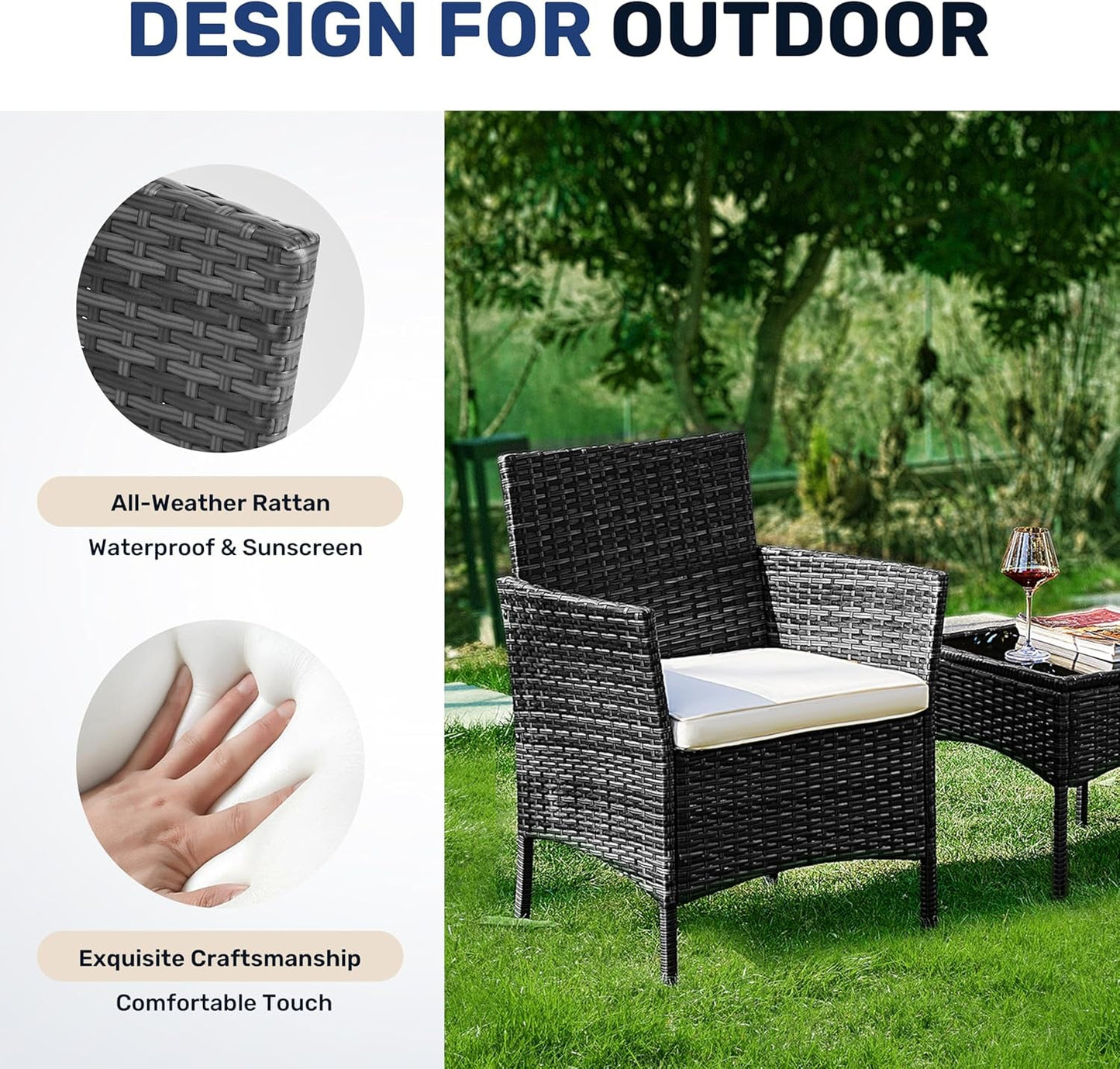 Patio Furniture Set 3 Pieces Outdoor Rattan Wicker Chairs with Soft Cushion and Glass Coffee Table, Waterproof Conversation Bistro Loveseat for Garden Backyard, Balcony, Terrace, Black-3