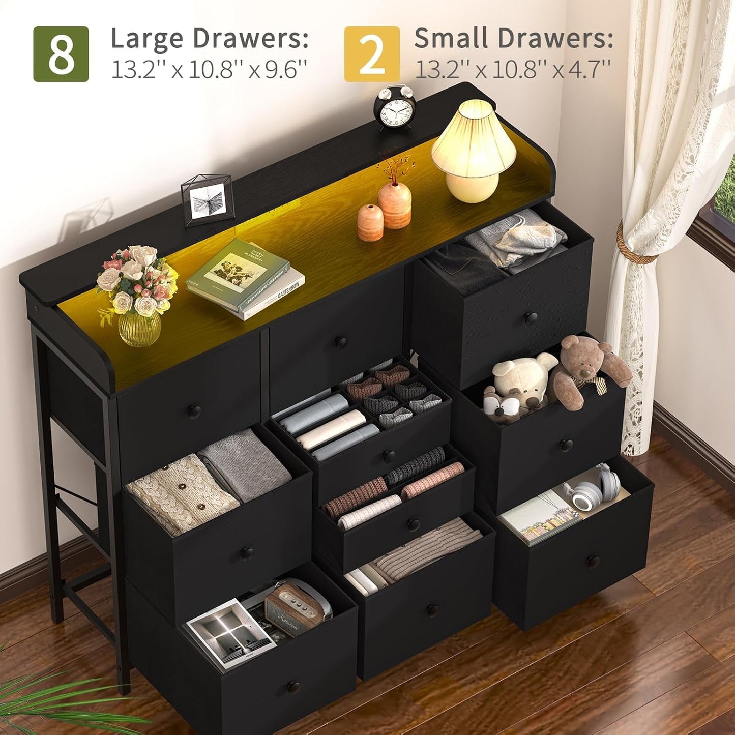 Dresser for Bedroom with Charging Station and LED Lights, Tall Dresser TV Stand with 10 Storage Drawers,Fabric Black Dressers & Chests of Drawers,Wood Dresser for Bedroom Closet Organizer-3