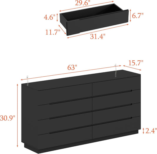 Black Drawer Dresser with LED Light, Modern High Gloss Dresser with 8 Drawers, 63" Long Dresser Double Dresser Storage Chest of Drawer for Bedroom, Living Room, Entryway-1