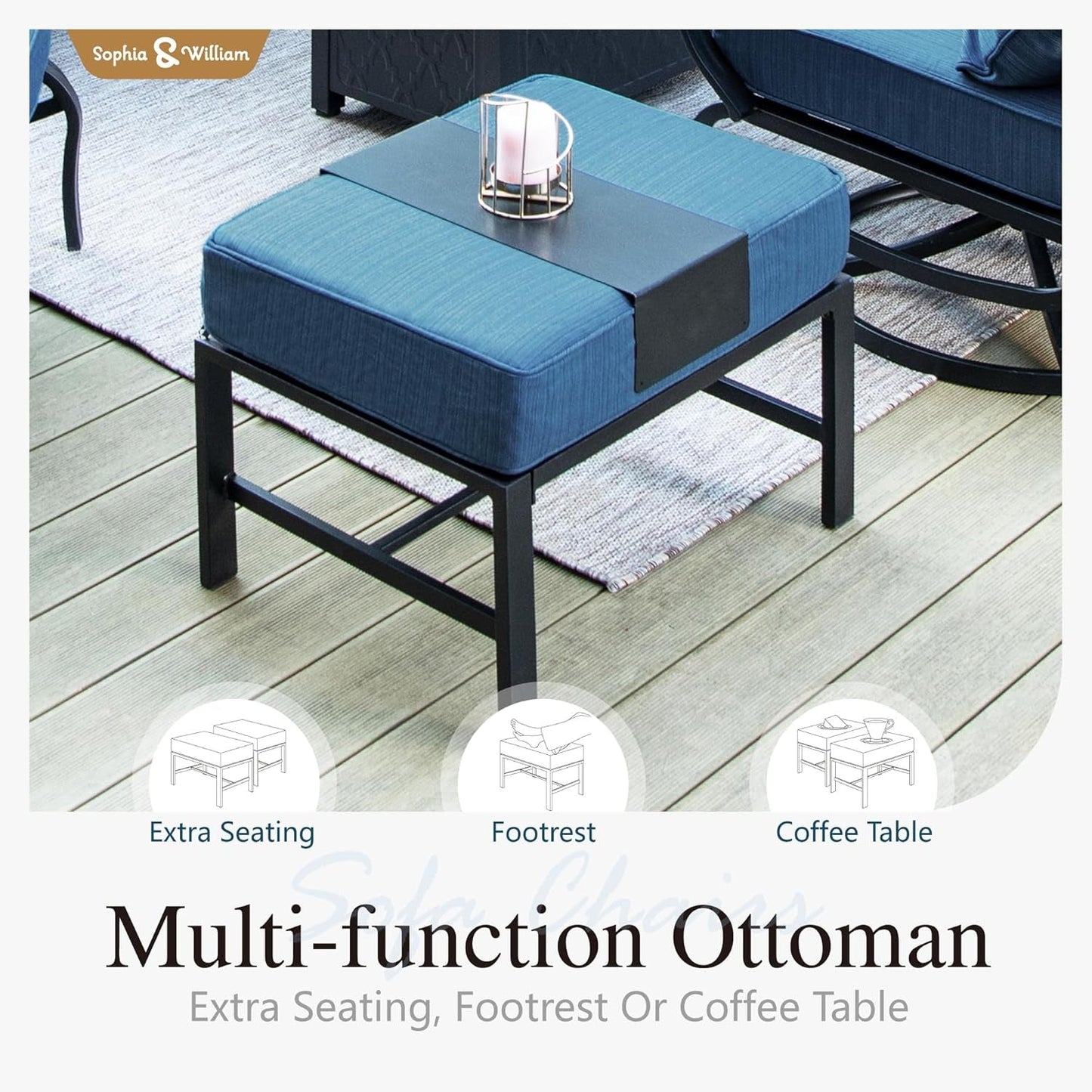 Patio Furniture Sets for 9 with 45" Gas Fire Pit Table Outdoor Conversation Sets, 2Xsofa Chairs, 2Xswivel Cushion Chairs, 1X3-Seat Sofa, 2Xottomans for Porch Poolside Peacock Blue-4