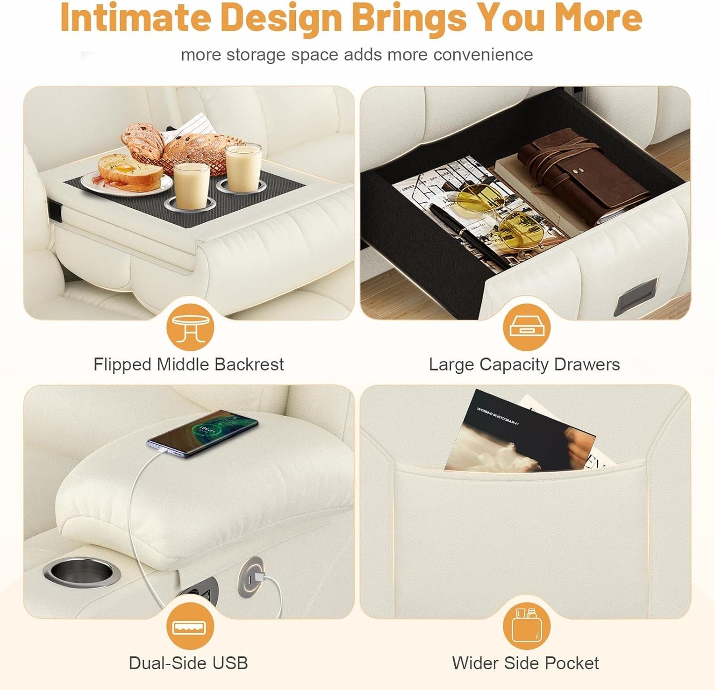 Loveseat Recliner Sofa, Flip Middle Backrest Design PU Leather 3 Seat Reclining Sofa with Storage Drawer, Manual Couch for Living Room (Ivory White, PU)-4