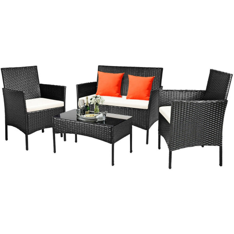 4 Pieces Patio Rattan Cushioned Sofa Set with Tempered Glass Coffee Table-5