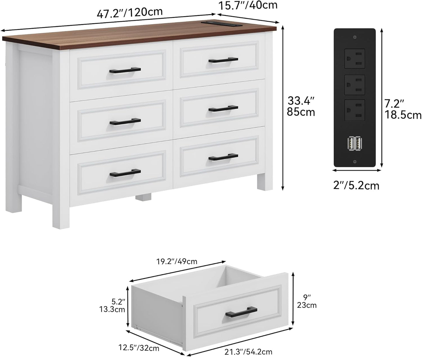 6-Drawer Dresser with Built-In Power Outlet, Wood Dresser TV Stand with 6 Large Drawers & Bar Handles, Dresser Chest of Drawers for Entryway Living Room Hallway, White & Walnut-2