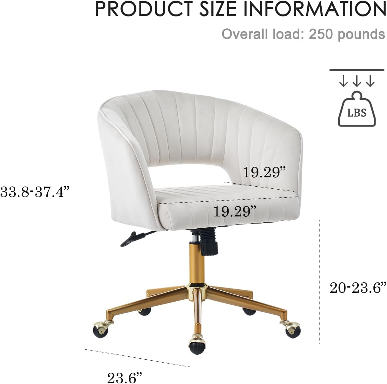 Home Office Chair Swivel Velvet Desk Chair, Vanity Chair with 360 Swivel Armchair and Gold Base,For Living Room, Bedroom, Vanity, Study (Beige)-2