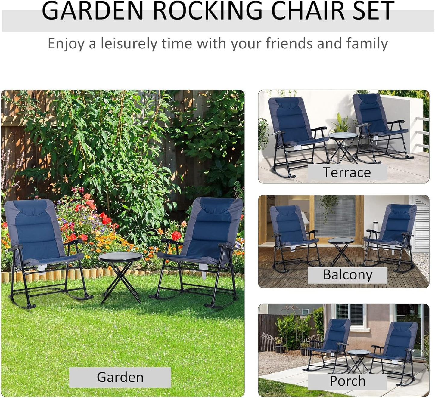 3 Piece Outdoor Patio Furniture Set with Glass Coffee Table & 2 Folding Padded Rocking Chairs, Bistro Style for Porch, Camping, Balcony, Navy Blue-2