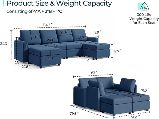 Blue Modular U-Shaped Sectional, Storage, Memory Foam-1