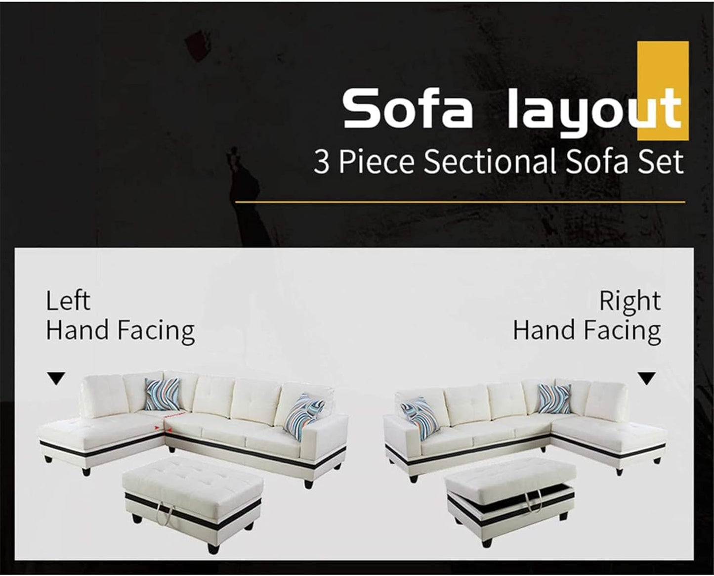 Sectional Sofa Faux Leather Modern L Shaped Couch Set 103.5”Wide Including Chaise and 3 Seating Sofa with Storage Ottoman for Living Room Furniture (Right Hand Facing, A-White)-4