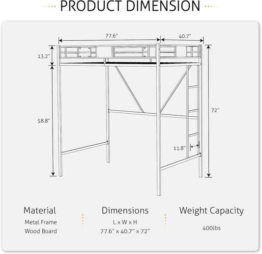 Loft Bed Twin Size with Ladder and Guardrail,Rustic Design,Metal Slats Support No Box Spring Needed Small Space Saving Furniture for Bedroom Dorm-1