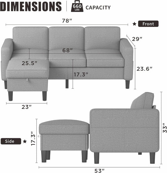 Sectional Sofa Couches for Living Room, Small Space Couch L-Shaped Sofa, 3 Seat Modern Sofas Convertible with Storage Ottoman for Small Space, Bedroom, Offices and Apartments, Light Grey-1