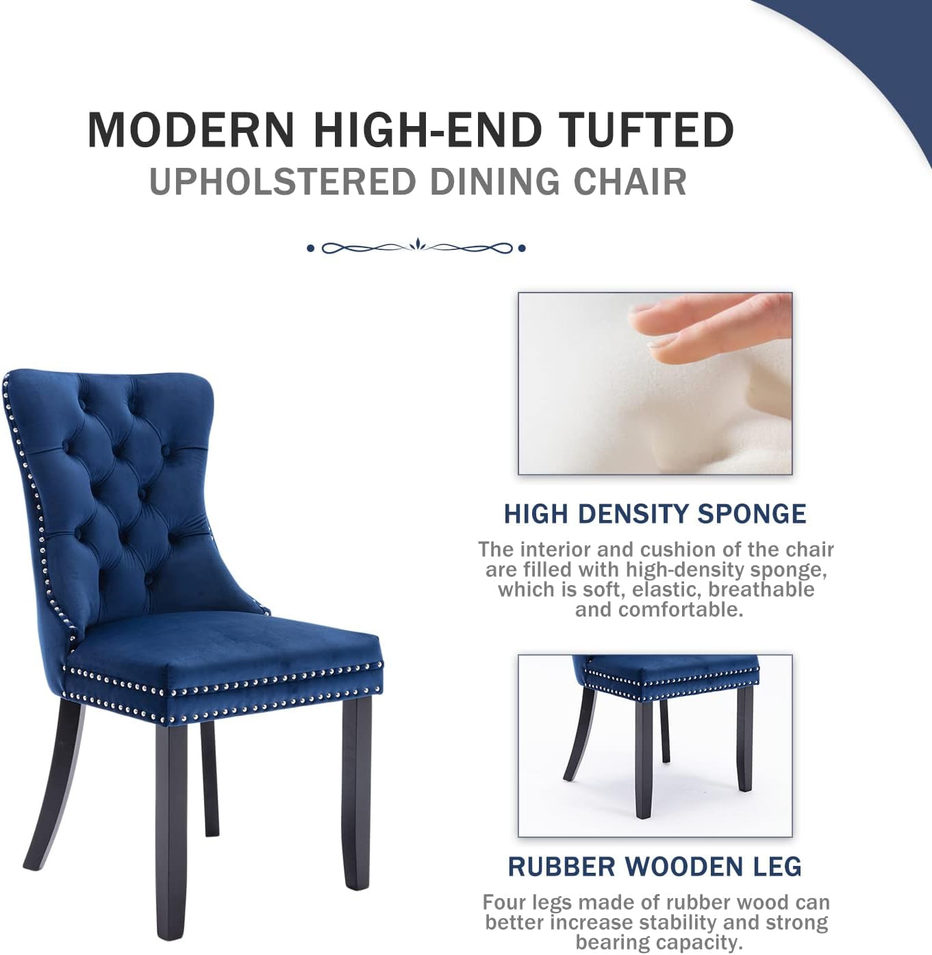 Velvet Dining Chairs Set of 4, Upholstered Dining Chair with Nailhead Trim and Solid Wood Legs, Navy Luxury Wingback Dining Side Chair for Living Room, Bedroom, Kitchen-2