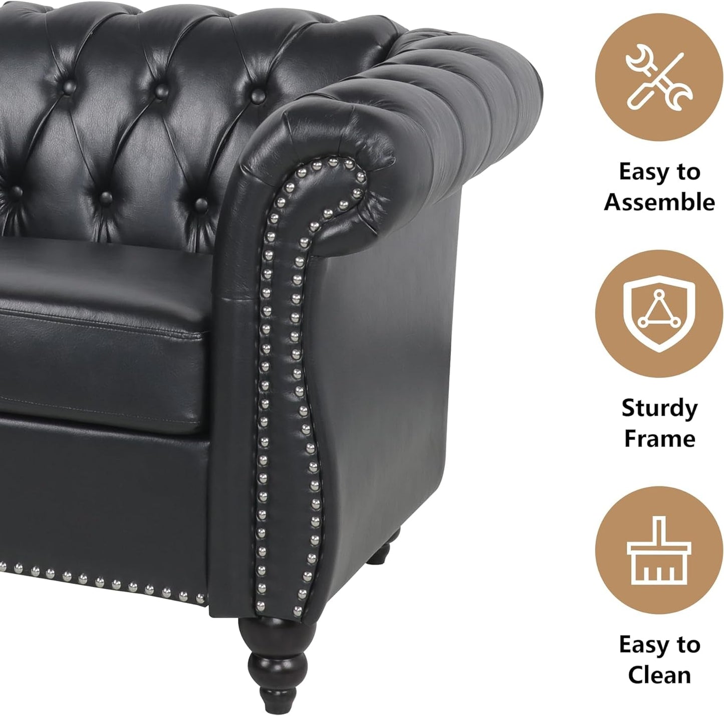 3 Piece Living Room Set, Sectional Chesterfield Sofa Chair Contemporary Upholstered Artificial Leather Loveseat Couch Sets for Living Room, Bedroom, Office (Black)-4