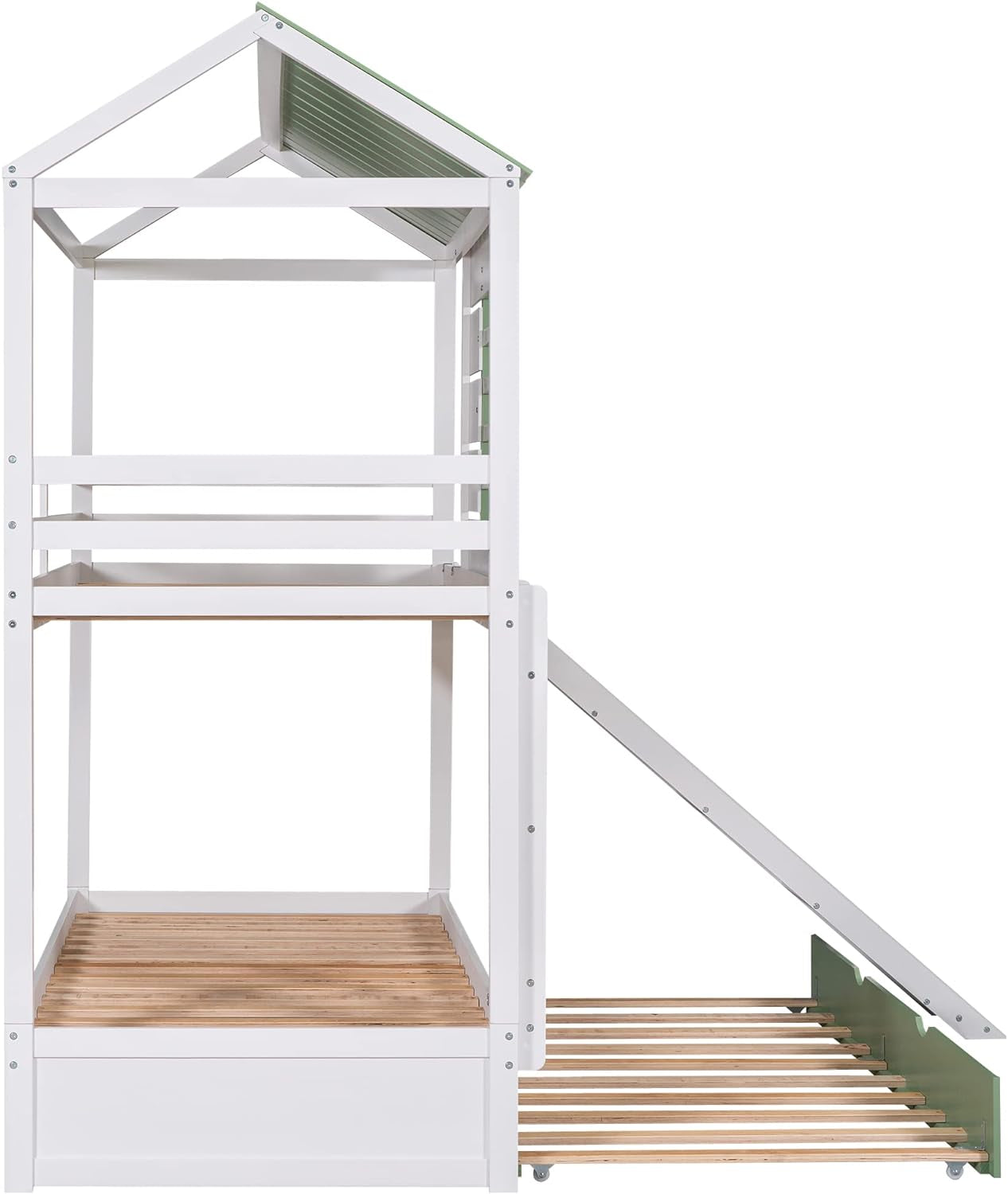 House Bunk Bed with Convertible Slide and Trundle, Solid Wood Bunk Bed Twin over Twin, for Kids Girls Boys (White+Green)-4