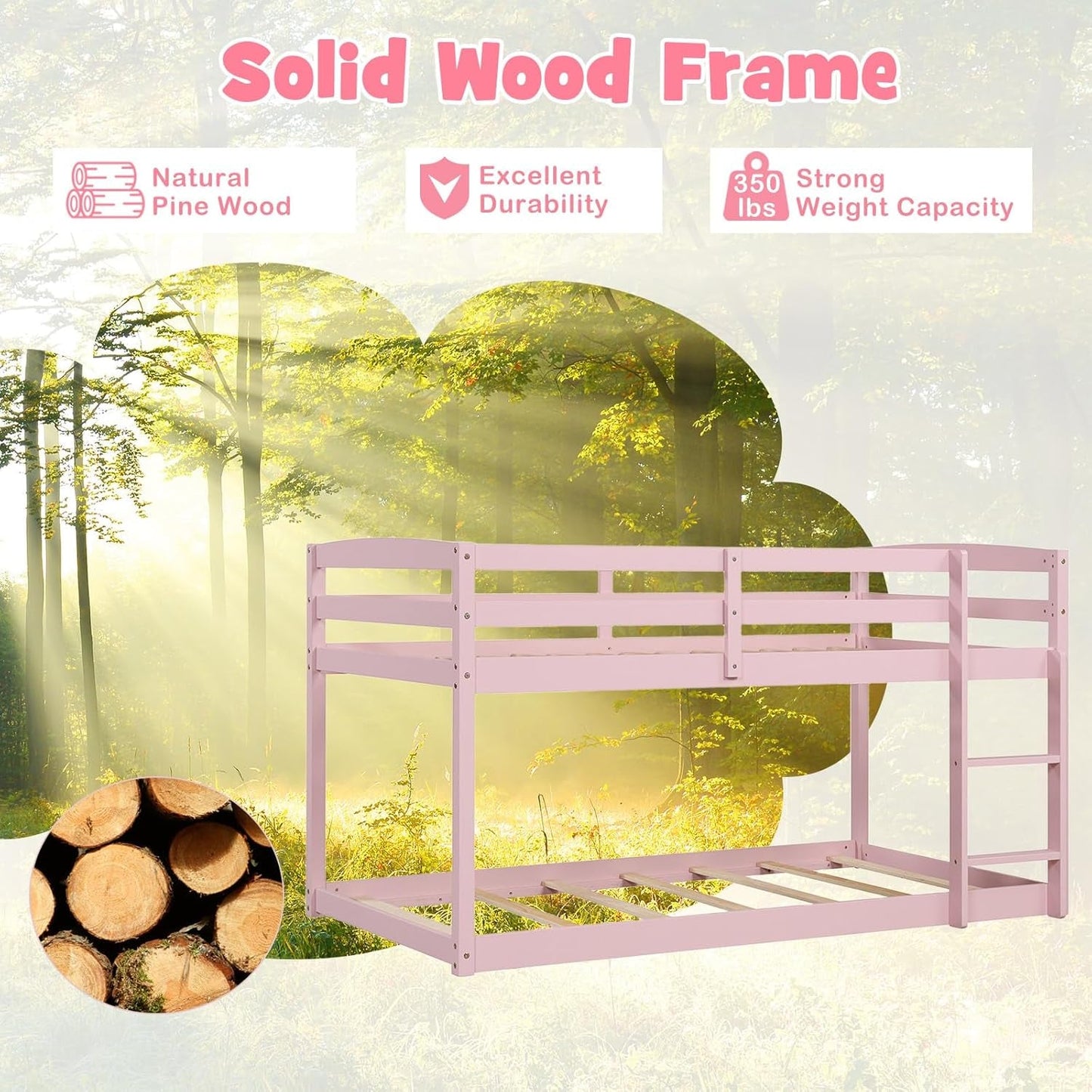 Low Bunk Bed, Solid Wood Bunk Beds Twin over Twin with Ladder, Space Saving Bunkbeds Frame W/Full Guardrails, Twin Floor Bunk Beds for Kids Boys Girls Teens, No Box Spring Needed (Pink)-3