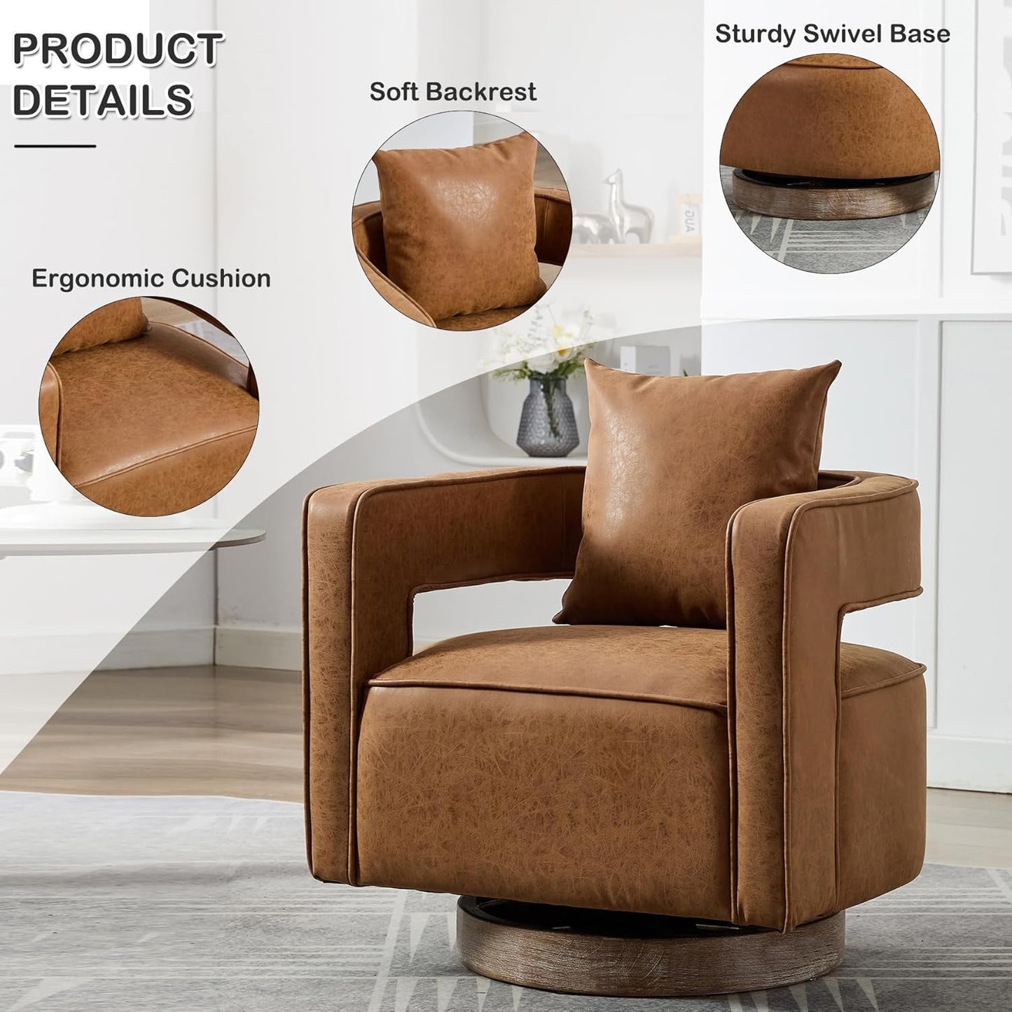 Swivel Accent Chair, Modern Swivel Barrel Chair for Living Room, 360 Degree Comfy Square Swivel Chair with Open Back, Upholstered Armchair for Bedroom,Reading, PU Leather, Brown-3