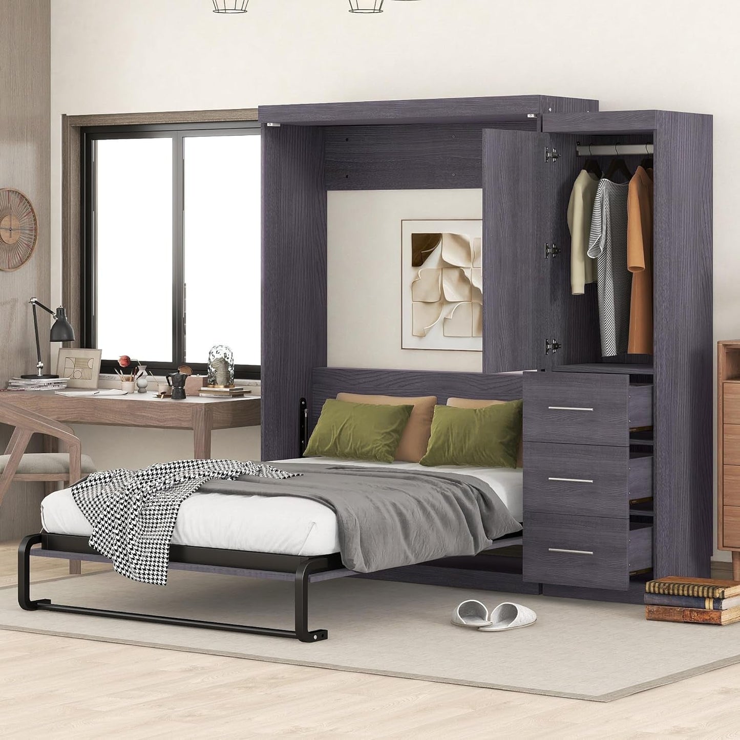 Twin Size Wood Murphy Bed with Storage for Small Spaces-5
