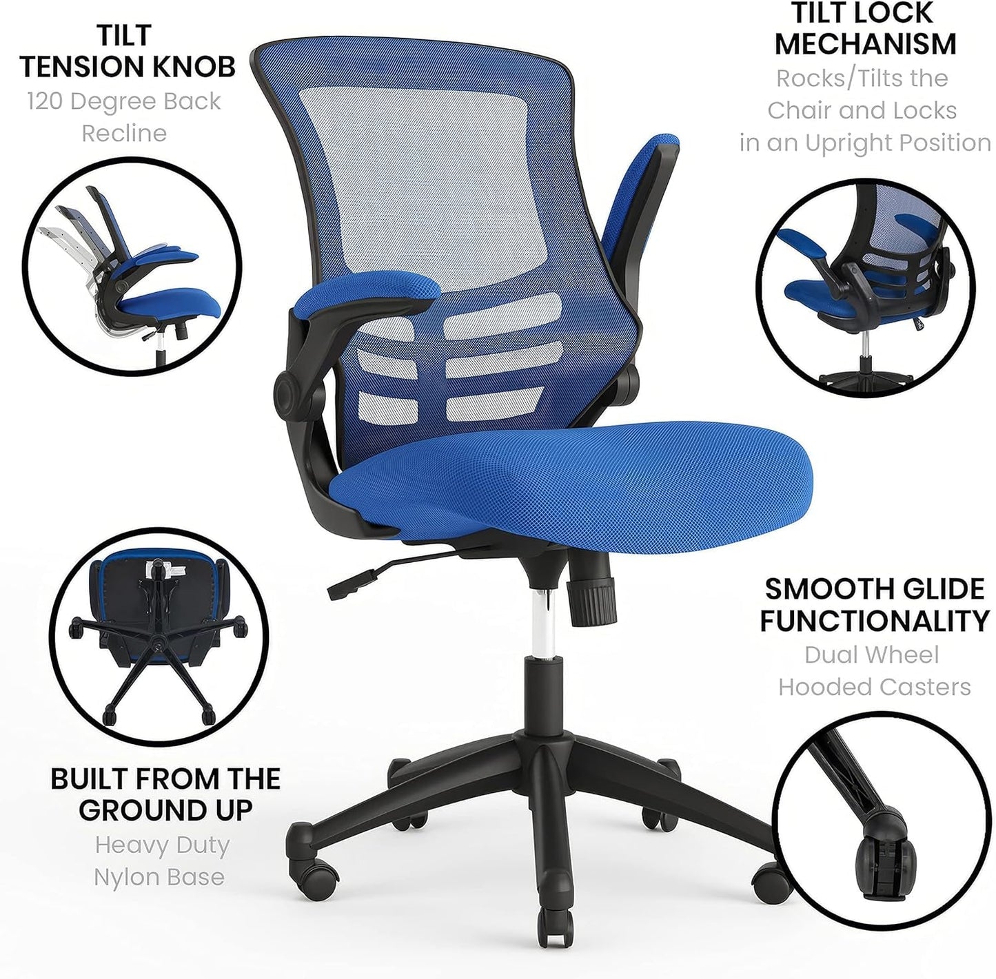 Kelista Mid-Back Blue Mesh Swivel Ergonomic Task Office Chair with Flip-Up Arms-3