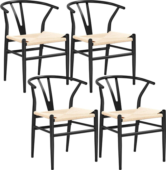 Set of 4 Black Hemp Seat Mid-Century Metal Dining Chairs-1
