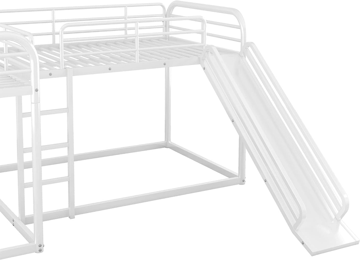 L-Shape Bunk Beds with Slide, Quad Bunk Bed for 4, Metal Twin Size Bunk Bed Attached with Full Size Bunk Bed Frame, Modern Corner Bunked for Multi-Kids Boys Girls Teens (White)-4