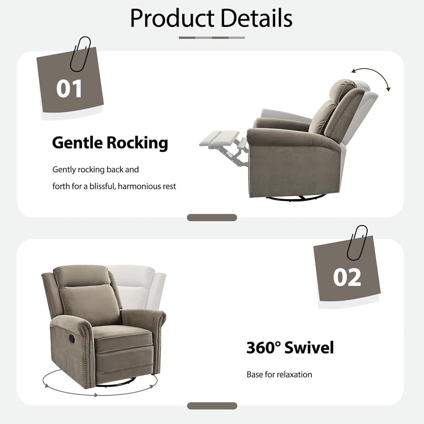 Light Brown Velvet Swivel Rocker Recliner Nailhead-3