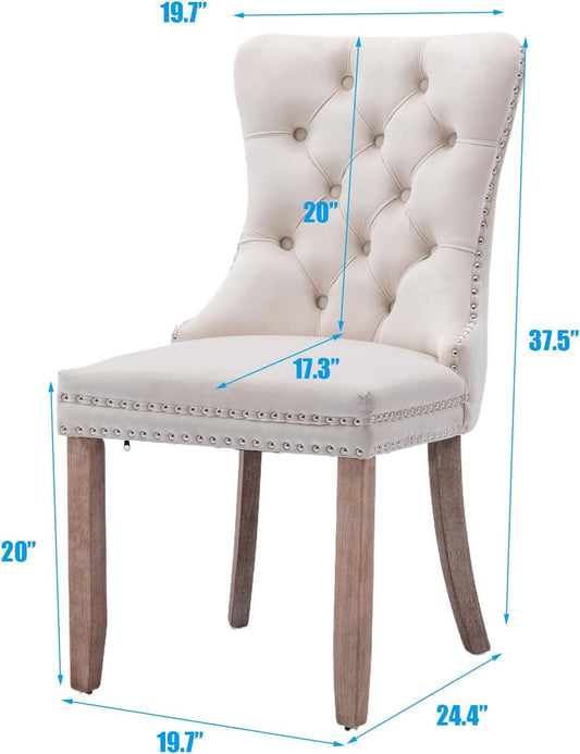 Velvet Dining Chairs Set of 6, Tall Back Side Chair, Modern Upholstered High-End Tufted Side Chair with Button Back Ring, Solid Wood Legs (Beige)-1