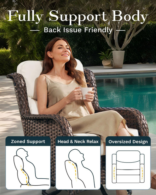 High Back Outdoor Furniture with Extra Thick Cushion Patio Swivel Rocking Chairs, 3PCS Oversized Comfort Wicker Conversation Set for Porch, Deck, Yard in Cream White-1