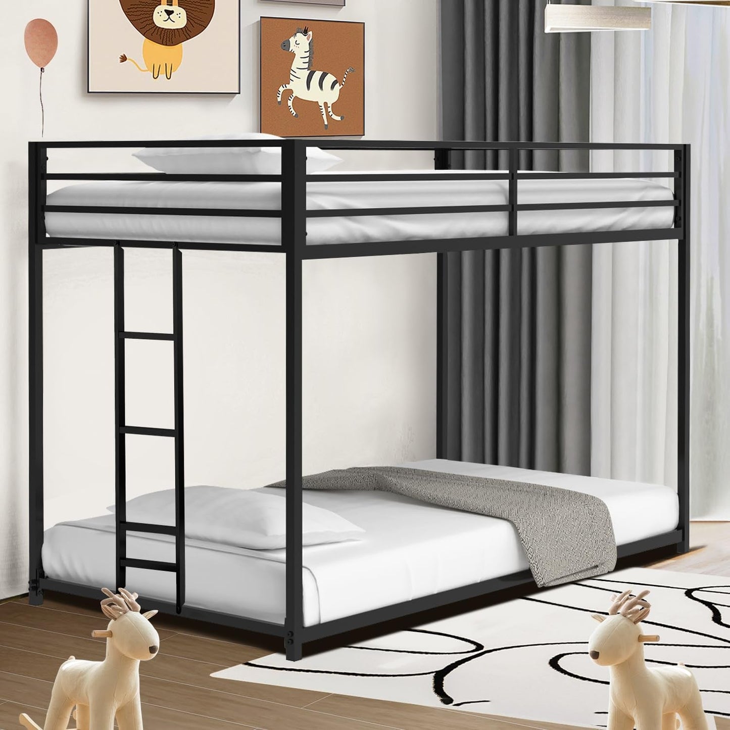 Twin over Twin Bunk Bed - Lifesky Metal Low Profile Bunkbed with Side Ladder Black-0